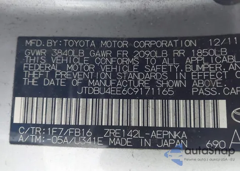 2012 Toyota Corolla Le из США, поврежденный, VIN JTDBU4EE6C9171165